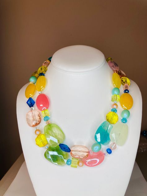 Double Stranded Necklace / Pastel Beaded Necklace / Clear Crystal Necklace / Big Chunky Beaded Necklace / Multicolor Large Beads Beaded Necklace, Multicolor Necklaces With Large Beads, Multicolor Necklace With Large Round Beads, Colorful Multi-strand Beaded Necklace With Large Beads, Multicolor Necklace With Large Beads, Big Necklaces, Yellow Flower Necklace, Colorful Statement Necklace, Clear Crystal Necklace