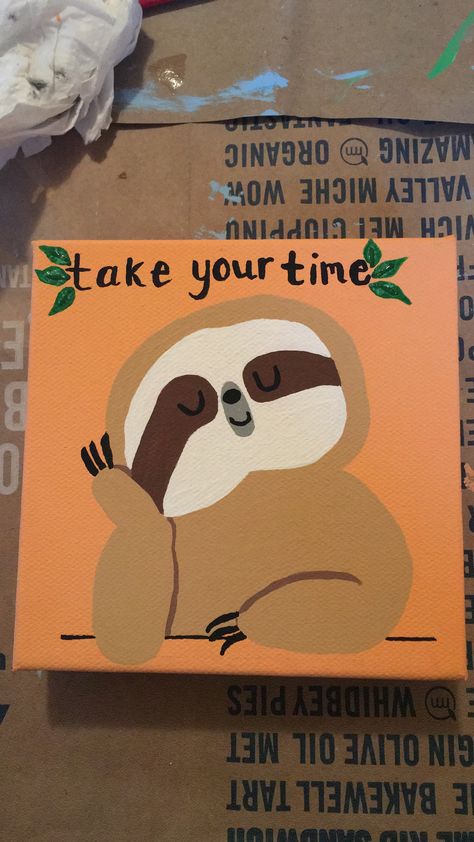 Painting Ideas Tiny Canvas, Funny Mini Canvas Painting, Small Canvas Art Cartoon, Small Painting Ideas Mini Canvas Cartoon, Small Canvas Cartoon Paintings, Sloth Painting Easy, Small Trippy Canvas Art, Cute Sloth Painting, Sloth Acrylic Painting