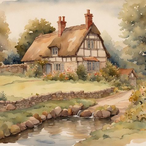 Printable art for instant download.   Download, print and frame this medieval cottage landscape watercolor painting. This original artwork depicts an idyllic medieval country cottage surrounded by trees and greenery in an English garden in summertime. A stone wall encloses the garden to the house. A pond in the foreground is surrounded by a rockery. Main shades: green, brown, cream, grey.   The soft colour palette along with the painting style creates an antique, old-fashioned, vintage aesthetic Watercolor Illustration Landscape, English Cottage Drawing, English Cottage Painting, Watercolor Art House, Cottage Art Vintage, Cottage Garden Painting, Watercolour Cottage Painting, Cottage Scenery Painting, Old House Painting