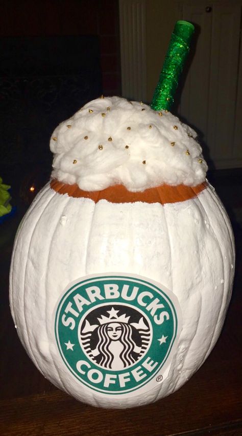 This is a cute pumpkin spice latte I created for a pumpkin contest! Pumpkin Spice Latte Pumpkin Painting, Coffee Pumpkin Carving, Starbucks Pumpkin Carving, Cool Pumpkins, Pumpkin Competition, Wicked Party, Decorated Pumpkins, Halloween Pumpkin Diy, Creative Pumpkin Painting