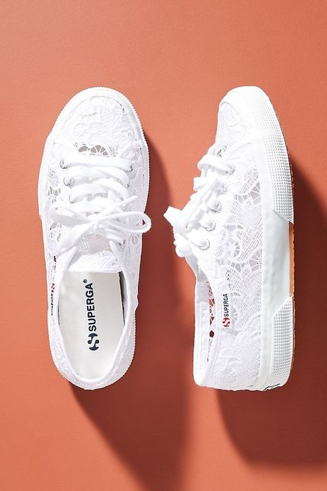 A dreamy pair of low-top Superga lace sneakers — you can literally never have too many of these. They're perfect for any occasion, at any time, or any weather. Wedding Tennis Shoes, Comfy Wedding Shoes, Bride Sneakers, Wedding Shoes Sneakers, Bridal Sneakers, Superga 2750, Wedding Sneakers, Mini Logo, Lace Sneakers