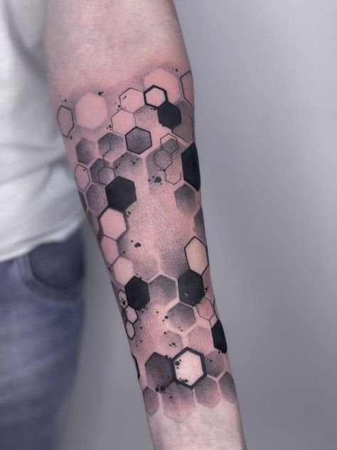 Honeycomb Hand Tattoo, Mens Quad Tattoo, Hexagon Pattern Tattoo, Geometric Honeycomb Tattoo, Geometric Hexagon Tattoo, Honeycomb Tattoo Sleeve, Hexagon Tattoo, Honeycomb Tattoo, Geometric Sleeve Tattoo