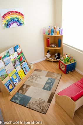 How to set up a preschool. Here is an in home preschool with learning centers. It's a bright, relaxing atmosphere with Montessori, Reggio, and traditional preschool elements. Quiet Center Preschool, Book Center Preschool Classroom, Preschool Quiet Area, In Home Preschool, Preschool Inspirations, Preschool Set Up, Preschool Classroom Setup, Preschool Library, Home Preschool