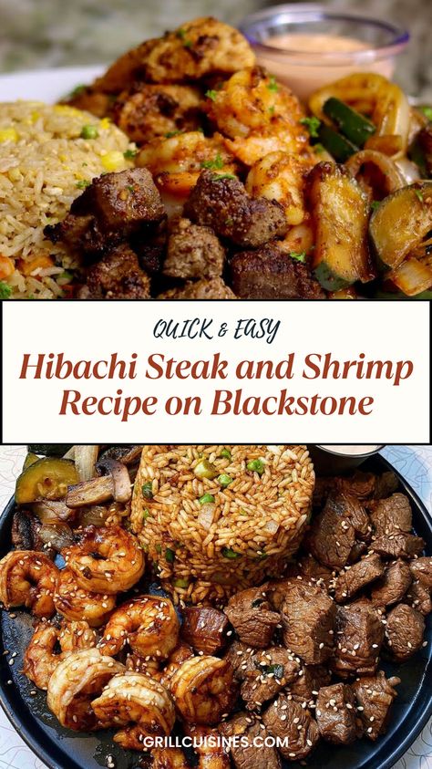 Hibachi steak and shrimp recipe on blackstone is very easy to make and full of flavor. You can learn how to make your favorite Hibachi Shrimp, steak with fried rice at home on your flat top grill. This recipe is best for dinner, large groups in summer gatherings. Blackstone Habatchi Recipe, Shrimp Recipes On Blackstone, Hibachi Flat Top Grill, Hibachi Shrimp On Blackstone, Hibachi Grill Recipes, Blackstone Steak Recipes, Blackstone Dinner Recipes, Hibachi Steak And Shrimp Recipe, Hibachi Shrimp Recipe