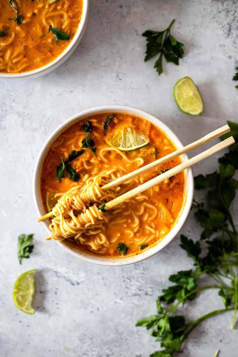 Thai Red Curry Noodle Soup - Natures Fare Thai Red Curry Noodle Soup, Red Curry Noodle Soup, Curry Noodle Soup, Curry Noodles, Red Curry Paste, Fish Curry, Creamy Soup, Curry Paste, Meat Free