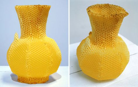 This vase was made by 40,000 bees over the course of one week. Studio Libertiny constructed a vase-shaped hive that the bees then colonized, building a hexagonal comb to encompass the existing form. Honeycomb Vase, Bee Art, Education Design, Eco Design, Organic Design, Bee Design, Dutch Design, Back To Nature, Beautiful Vase