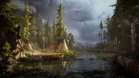 Artstaion Wild West Challenge, Nastya Ermakova on ArtStation at https://www.artstation.com/artwork/AOE4m #artist #artwork #painting #digitalart #green #forest #trees Building Wallpaper, Wild West Games, Native American Village, American Wallpaper, Build Inspiration, Western Artwork, Ark Survival Evolved, Game Environment, Environment Art