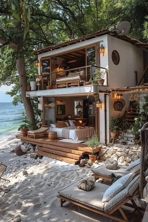 Small Beach House Aesthetic Exterior, Dream House Near The Sea, Tiny House By The Sea, House With Private Beach, Big House Near Beach, Small Beach Houses, Dream Beach Houses, Tropical House, Beach Bungalows