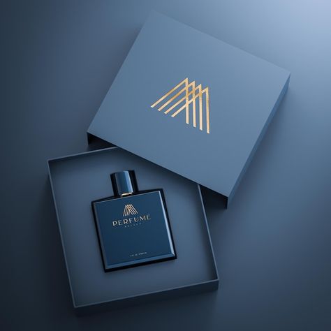 Navy luxury perfume bottle and box logo ... | Premium Psd #Freepik #psd #spray-mockup #spray-bottle #product-branding #cosmetic-bottle Sillage Perfume, Luxury Perfume Packaging, Perfume Logo, Perfume Bottle Design, Perfume Box, Perfume Packaging, Luxury Cosmetics, Sample Box, Cosmetic Box