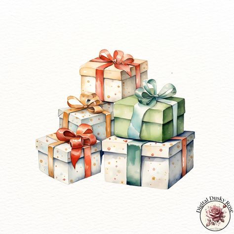 Watercolor Retro Christmas Presents Clipart: Colorful Gifts with Ribbon Bows for Festive Crafts and Holiday Decor https://digitalduskyrose.etsy.com/listing/1780684988 Add a nostalgic and cheerful touch to your holiday projects with our Watercolor Retro Christmas Presents Clipart! This beautifully illustrated set features colorful gifts wrapped in vibrant paper and tied with ribbon bows, perfect for enhancing your Christmas cards, scrapbooking layouts, party invitations, and festive holiday ... Watercolor Christmas Presents, Gifts With Ribbon, Christmas Gift Ribbon, Christmas Stock Photos, Colorful Gift Wrapping, Festive Crafts, Coloring Inspiration, Collage Ideas, Christmas Coloring