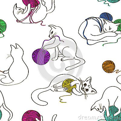 Seamless pattern with cats playing ball of yarn Weight 3 Yarn Crochet Patterns, Yarn Illustration, Yarn Tattoo, Cats Playing, Ball Drawing, Ball Of Yarn, Cat Tattoo Designs, Cat Vector, Kittens Playing