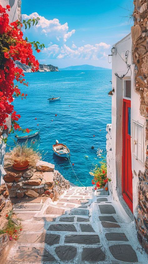 Prompt 👉a narrow alley with a red door leading to the water, a picture, pexels contest winner, greek fantasy panorama, hydrogen. beautiful, with water and boats, flowers sea everywhere, rocks, profile picture 1024px, calico, 8 k beautiful, overlooking the ocean, looking cute, on a bright day, blue white colors, joel fletcher, yummy, canvas 👉 if Like, please Follow and Share AI Graphics Studio 👇Contact on WhatsAPP: http://tiny.cc/aigraphicsstudio #aigraphicsstudio #AI #DigitalMarketing #digi... Panorama Painting, Italy Paintings, Narrow Alley, Italy Sea, Italy Art Print, Italy Pictures, Italy Painting, Seascape Art, Interesting Places