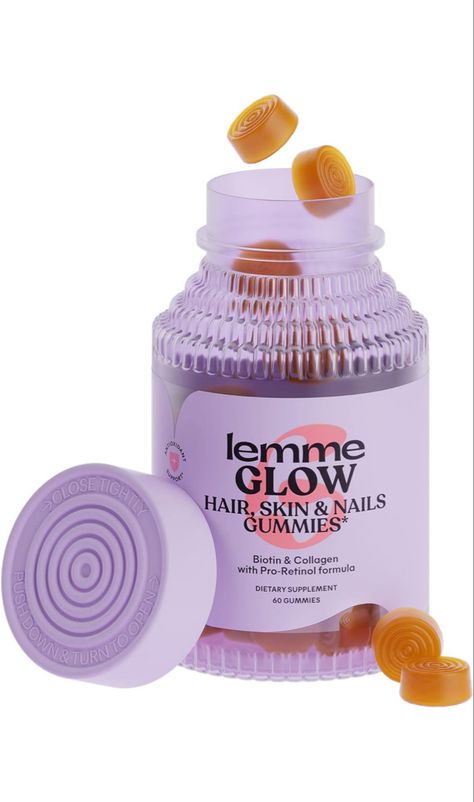 Title: Lemme Glow Collagen Hair Gummies
- Purpose: Promotes strong, thick hair & reduced shedding
- Ingredients: Multi-Collagen Peptides, Biotin, Trace Minerals, Zinc, Vitamins A, C & E
- Dietary Information: Dairy & Gluten Free
- Flavor: Peach
- Quantity: 60 count Lemme Gummies, Zinc Vitamins, Hair Gummies, Pale White Skin, Pretty Products, Glow Hair, Wishlist 2024, Trace Minerals, Collagen Peptides