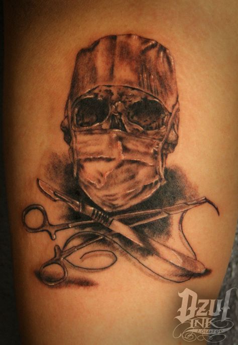 Scrub Tech Tattoo Ideas, Medical Skull Tattoo, Surgical Tech Tattoo, Medical Sleeve Tattoo, Embalming Tattoo, Surgeon Tattoo Ideas, Surgical Tech Tattoo Ideas, Surgeon Tattoo, Medicine Tattoo Ideas