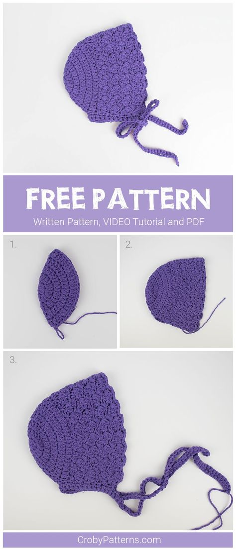 FREE PATTERN: How To Make A Crochet Bonnet | Croby Patterns Crochet Baby Bonnet Free Pattern Easy, Crochet Baby Bonnet Free Pattern, Crochet Baby Hats Girl, Baby Bonnet Crochet Pattern, Crochet Baby Hats Free Pattern, Baby Hat Free Pattern, Baby Bonnet Pattern, Pola Topi, Crochet Baby Blanket Beginner