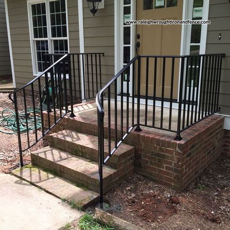 Stair Railing Height, Porch Step Railing, Wrought Iron Porch Railings, Iron Railings Outdoor, Exterior Stair Railing, Entrance Stairs, Exterior Handrail, Deck Stair Railing, Front Porch Railings