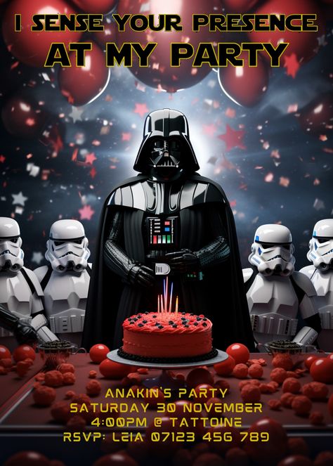 Editable Vader party invitation with stormtroopers. Mobile compatible Star Wars Dark Side Birthday Party, Dark Side Birthday Party, Dark Vader Birthday Party Ideas, Starwars Birthday Invitation, Star Wars Party Invite, Star Wars Invite, Star Wars Party Invitations, Star Wars Invitations Free, Star Wars Birthday Invitations