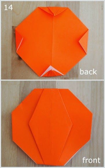 steps 14 showing how to fold an origami pumpkin Origami Pumpkin For Kids, Pumpkin Origami For Kids, Origami Jack O Lantern, Origami Pumpkin, Halloween Origami, Origami Star Box, Origami Step By Step, Dollar Origami, Origami Artist