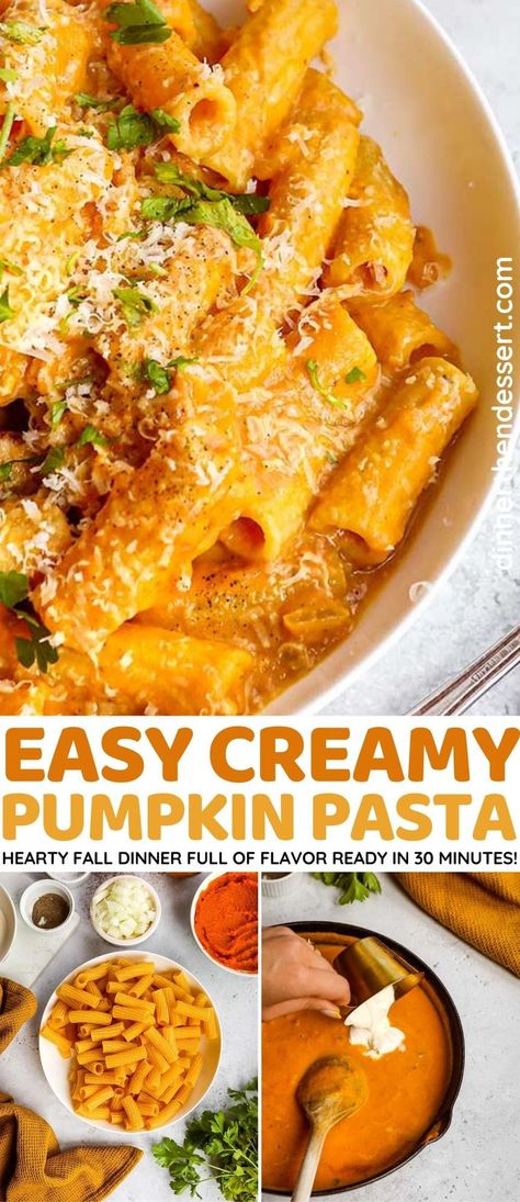 Creamy Pumpkin Pasta is delicious, easy comfort food. One-pot pumpkin sauce made with pumpkin puree, chicken broth, heavy cream, and nutmeg. Pumpkin Pasta With Chicken, Creamy Pumpkin Pasta Sauce, Dinners With Pumpkin Puree, Canned Pumpkin Recipes Dinner, Tuscany Pumpkin Pasta Sauce Recipes, Savory Pumpkin Puree Recipes, Pumpkin Purée Uses, Comfort Foods Easy, Uses For Pumpkin Puree