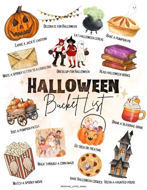 Free Halloween Bucket List Printable — Festive Little Mama | Rudyko Taylor Family Halloween Bucket List, Bucket List Halloween, Things To Do In October Bucket Lists, Fall Bucket List 2024, October Bucket List, Spooky Letters, Fall Bucket List Printable, Halloween Bucket List, Bucket List Holidays