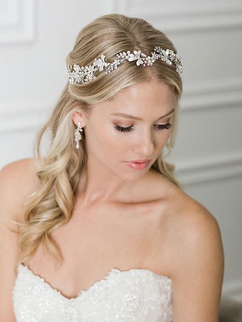 6933 — Bel Aire Bridal Romantic Updo Hairstyles, Gold Sash, Bride Hair Pins, Black Wedding Hairstyles, Bridal Tiaras, Wedding Hairstyles Bride, Tiara Wedding, Crown Wedding, Bridal Crown