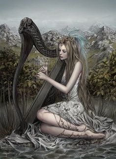 Hadas Celtic Harp, Harbin, Beautiful Fairies, Arte Fantasy, Gothic Girls, Gods And Goddesses, Harp, Fantasy World, Mythical Creatures