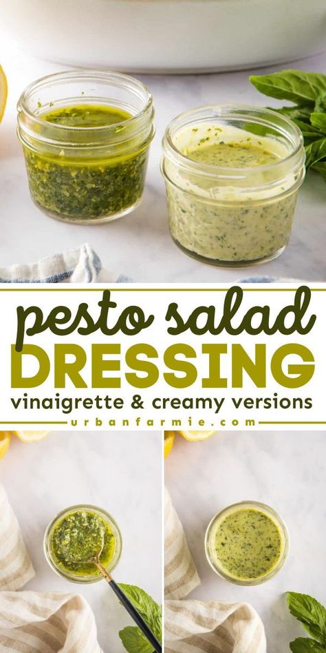 You'll love this basil pesto salad dressing! This salad dressing recipe is also great for pasta or even as a marinade. You can even turn this homemade condiment into a creamy pesto dressing or a pesto vinaigrette! Basil Pesto Vinaigrette Recipe, Avocado Lemon Dressing, Basil Pesto Dressing Recipe, Basil Pesto Dressing, Basil Pesto Salad Dressing, Basil Garlic Salad Dressing, Creamy Basil Vinaigrette Dressing, Sweet Basil Vinaigrette Dressing, Small Batch Pesto