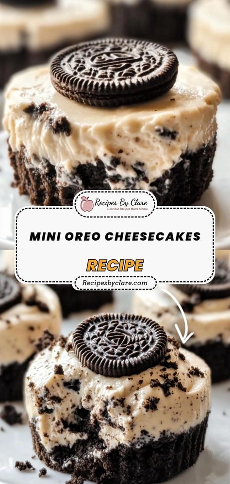 These Mini Oreo Cheesecakes are smooth, creamy, and filled with chunks of Oreos on top of an Oreo crust. A decadent dessert for Oreo and cheesecake lovers alike! Ingredients: 1 ½ cups crushed Oreo cookies 16 oz cream cheese ½ cup heavy cream 8 Oreo cookies, chopped A deliciously smooth cheesecake filling paired with a crunchy Oreo crust for the ultimate treat! Oreo Cheesecake Photography, Recipes With Crushed Oreos, Oreo Baked Cheesecake, Oreo Cheesecake Crust, Oreo Dessert Recipes Easy, Cheesecake Photography, Smooth Cheesecake, Oreo Crust Cheesecake, Mini Oreo Cheesecake