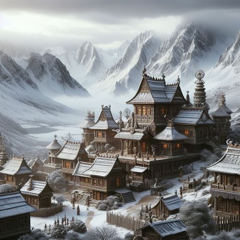 Fantasy Mountain Village, Viking Fishing, Fantasy City Art, Medieval Apocalypse, Viking City, The Court Of Shadows, Medieval Russia, Castle Village, Winter Town