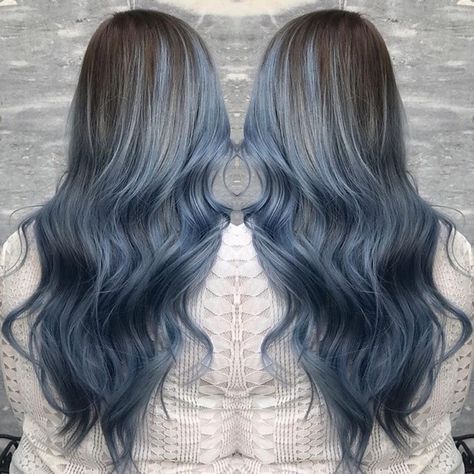 Denim Blue Highlights In Brown Hair, Light Blue Balayage, Blue Balyage, Greyish Blue Hair, Balayage Blue Hair, Blue Hair Balayage, Denim Blue Hair, Blue Balayage, How To Bayalage Hair