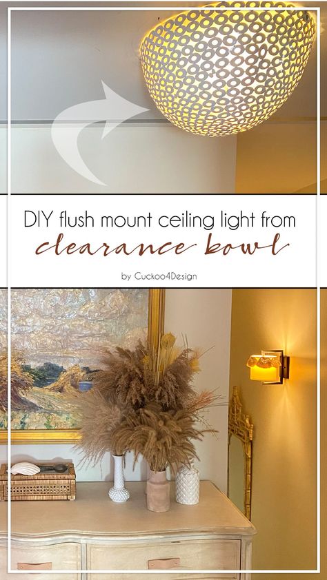 When I found a pretty metal bowl at Homegoods I knew I could turn it into a unique diy flush mount ceiling light | cheap flush mount ceiling fixture | how to cover up an ugly ceiling fixture | affordable lighting | how to make a flush mount ceiling fixture Diy Flush Mount Light Cover, Diy Flush Mount Light, Diy Ceiling Light Cover, Cover Ugly Light Fixture, Diy Ceiling Lamp, Light Fixture Makeover, Flat Ceiling Lights, Small Light Fixtures, Ceiling Lights Diy