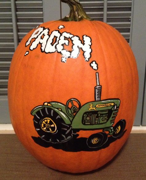 John Deere Tractor pumpkin Tractor Pumpkin, Pumpkin Carving Tools, Halloween Outside, Easy Pumpkin Carving, Green Halloween, Hand Painted Pumpkin, Pumpkin Carving Patterns, Pumpkin Carvings Stencils, October 1st