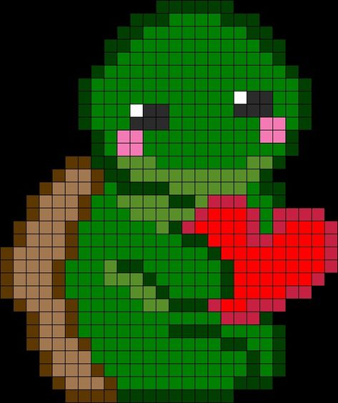 Adorable cute turtle perler bead design. Turtle holding a heart.  #perlerbeadturtle #crafty Turtle Fuse Beads, Turtle Perler Bead Pattern, Turtle Pixel Art, Turtle Pearl Beads, Turtle Pixel Art Grid, Alpha Patterns Turtle, Plastic Canvas Patternns Free Turtles, Perler Bead Mario, Easy Pixel Art