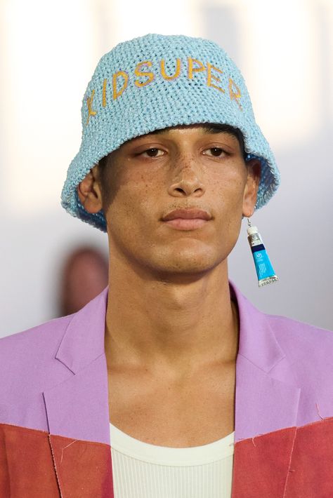 Kidsuper Studios Spring 2023 Men's Fashion Show Details Fashion Show | The Impression Hat Trends 2024, Buket Hats Outfits, Fashion Trends 2023 Men, Crochet Bucket Hat Men, Hat Summer Outfit, Crochet Bucket Hat Free Pattern, Easy Crochet Bucket Hat, Kidsuper Studios, Mens Summer Hats