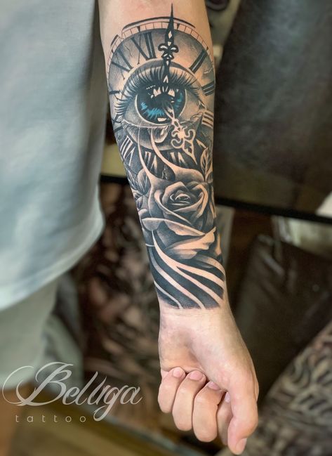 Clock With No Hands Tattoo, Eye Clock Tattoo Design For Men, Eye Sleeve Tattoos For Men, Clock With Eye Tattoo Design, Clock Tattoo Design For Men Forearm, Clock Tattoo Design For Men Arm, Eye And Clock Tattoo Design, Time Clock Tattoo For Men, Men Clock Tattoo Ideas