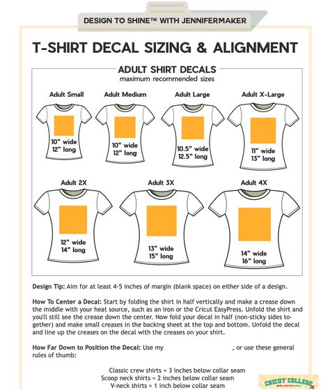 ADULT T-SHIRT DECAL SIZING & ALIGNMENT T Shirt Sizes For Vinyl, Vinyl T Shirt Sizing, Tshirt Sizes For Vinyl, T Shirt Print Size Chart, Cricut Shirt Sizing, Cricut Shirt Decal Size Chart, Cricut Vinyl Shirt Sizing, Decal Size For Sweatshirts, Htv Shirt Sizing