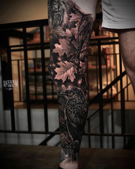 LUXURY INK BALI TATTOO STUDIO | LEG SLEEVE ANIMAL STYLE TATTOO DONE BY DODDIX BOTTOM PART COVER UP DONE USING @eztattooing @cheyenne_tattooequipment @radiantcolorsink… | Instagram Animal Leg Tattoos, Animal Leg Sleeve Tattoo, Calf Tattoo Men, Men's Tattoo, Bali Tattoo, Crow Tattoo Design, Animal Sleeve, Realistic Background, Bum Tattoo