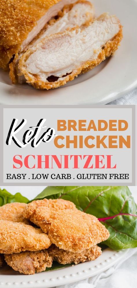 Breaded Keto Chicken Schnitzel Recipe - My family has been making this easy keto chicken recipe for years! It's one of our favorite recipes. The breading on the chicken is gluten free and low carb. It is almond flour, egg and pork rinds. Then it's fried in avocado oil to produce a crispy crust and juicy chicken! www.ketofocus.com #easyketochickenrecipes #easyketodinnerrecipes #easyketodinner #ketochickenrecipes #ketodinnerrecipes Chicken Schnitzel Recipe, Schnitzel Recipe, Schnitzel Recipes, Chicken Schnitzel, Keto Chocolate Chip Cookies, Keto Chocolate Chips, Pork Rinds, Low Carb Dinner Recipes, Breaded Chicken