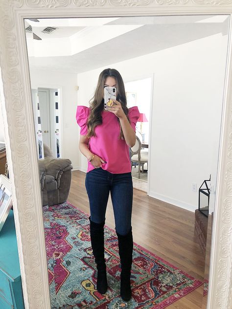 Amazon hot pink blouse - topshop denim and oak boots Styling A Pink Top, Hot Pink Blouse Outfit Work, Colorful Blouse Outfit, Top Rosa Outfit, Hot Pink Blouse Outfit, Outfits Con Top Rosa, Hot Pink Top Outfit, Pink Blouse Outfit, Hot Pink Shirt Outfit