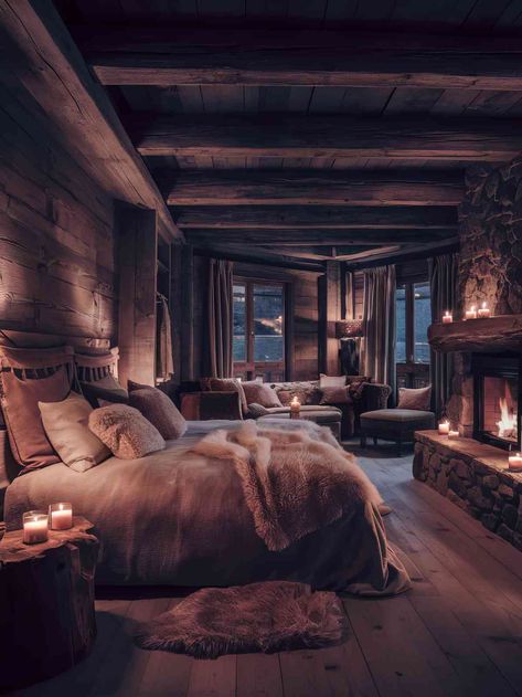 23+ Romantic Mountain Cabin Bedroom Ideas Rustic Lake House Decor Interior Design Master Bedrooms, Rustic Cabin Bedroom Master Suite, Winter Lodge Bedroom, Rustic Canopy Bed, Ski Lodge Bedroom Decor, Rustic Mountain Bedroom, Boys Cabin Bedroom, Alaska King Size Bed, Luxury Lodge Interiors