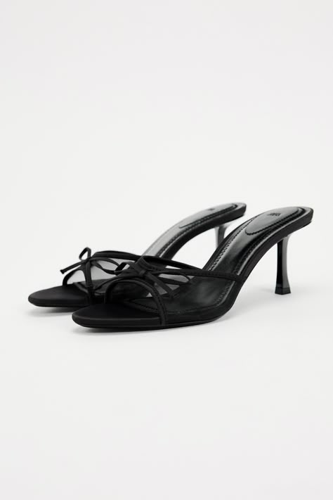 MESH BOW SANDALS Fun Heels With Black Dress, Summer Kitten Heels, Black Bow Heels, Heeled Sandals, Sandal Heels, Summer Shoes 2024, Zara Black Heels With Heel Strap, Black Heel With Bow, Zara Black Almond Toe Heels