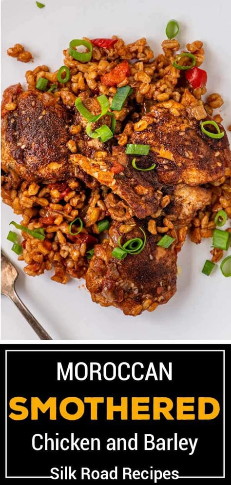 Chicken and barley is a hearty, healthy meal with Moroccan flair! Make this North African recipe for spice-rubbed chicken in just one pan! Barley And Chicken Recipe, Chicken Barley Stew, Chicken And Barley Recipes, Barley Dinner Recipe, North African Recipes, Barley Recipes Dinner, Recipes With Barley, African Chicken Recipes, Barley Recipe Healthy