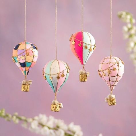 ♔ Lanternes de Papier ♔ Paper Lanterns Hot Air Balloon Christmas, Hot Air Balloon Ornament, Balloon Christmas, Bottle Display, Hot Air Balloons, Air Balloons, Rainbow Stripes, Hot Air Balloon, Pink Christmas