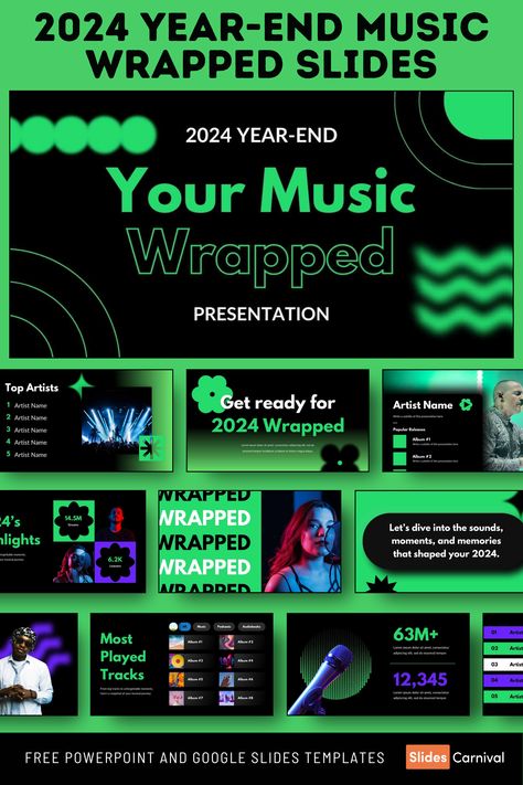 Wrap up the year with a bang using this professionally designed slideshow template, perfect for music enthusiasts and professionals alike. Tailored for PowerPoint and Google Slides, this modern abstract presentation showcases your musical milestones in bold black and green tones. Whether you’re recapping a year of concerts, sharing streaming stats, or highlighting personal achievements, this PPT template offers a dynamic and visually striking way to present your data. Year Recap Powerpoint, Year Recap, Slideshow Template, Theme Powerpoint, Google Slides Theme, Personal Achievements, Google Slides Themes, Presentation Template Free, Ppt Template