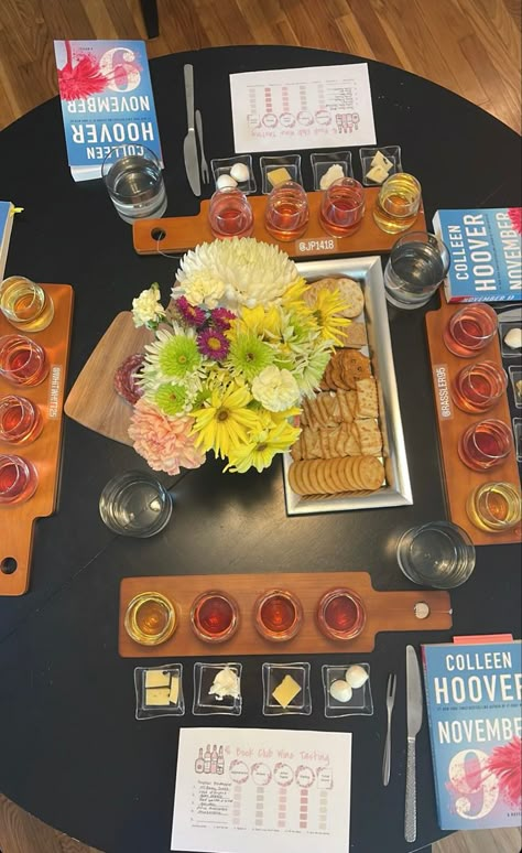 Colleen Hoover Book Club Party, Friendsgiving Book Club, Books And Booze Party, Book Club Hosting Aesthetic, Library Snacks, Book Club Hosting, Book Club Aesthetic, Book Club Ideas Hosting, Book Besties