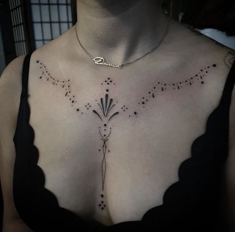 Symmetrical Collar Bone Tattoos For Women, Line Work Chest Tattoo, Minimalist Chest Tattoo Female, Ornamental Clavicle Tattoo, Ornamental Tattoo Design Chest, Fine Line Chest Tattoo Female, Witchy Collarbone Tattoo, Celestial Collar Bone Tattoo, Delicate Chest Tattoo Female