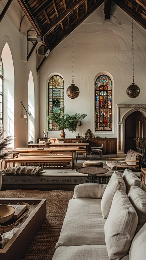 Stained Glass In Living Room, Monastery Aesthetic Home, Chapel Conversion Interiors, Church Conversions Home, Cologne Cathedral Interior, Church Converted To Home, Church House Conversion, Old Church Interior, Zion Bible