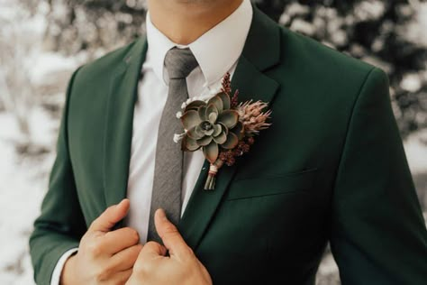 Wedding day dark green suit paired with a succulent boutonniere for a groom. https://www.etsy.com/listing/807177516/bridal-party-floral-package?ga_order=most_relevant&ga_search_type=all&ga_view_type=gallery&ga_search_query=wedding+party+floral+package&ref=sr_gallery-1-8&organic_search_click=1&frs=1 Dark Green Suit, Fall Wedding Suits, Green Wedding Suit, Dark Green Wedding, Groom And Groomsmen Suits, Wedding Tux, Mens Wedding Attire, Wedding Suits Groom, Wedding Groomsmen