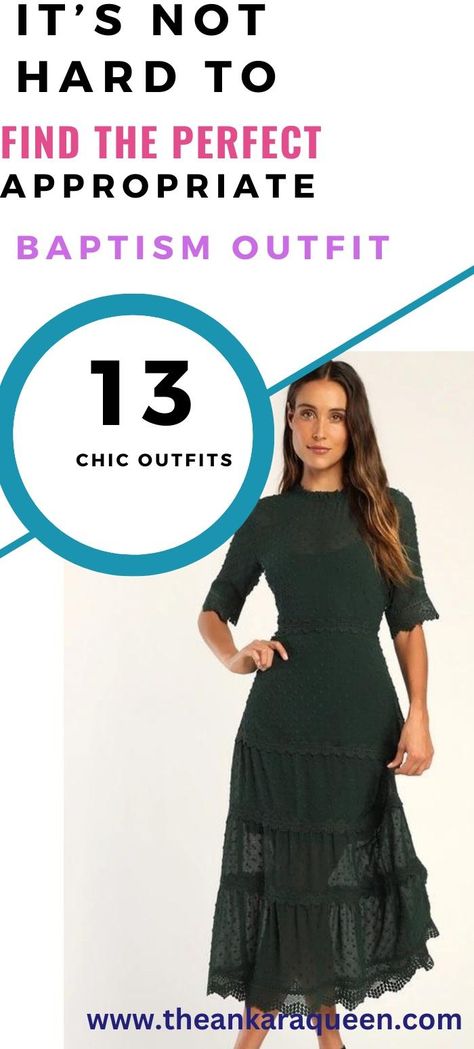 A young brunette wears a 3/4 sleeve dark green midi dress with  high neckline. The dress is tiered and slightly sheer at the bottom. Godmother Outfit, Appropriate Outfits, Catholic Baptism, The Godmother, Baptism Outfit, Outfits To Wear, What Should I Wear, Different Dresses, Church Outfits