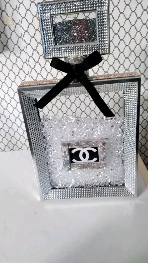 Diy Chanel Decor Dollar Stores, Diy Chanel Decor, Chanel Bottle, Bright Living Room Decor, Christmas Table Napkins, Chanel Perfume Bottle, Chanel Decor, Dollar Store Diy Organization, Bling Crafts